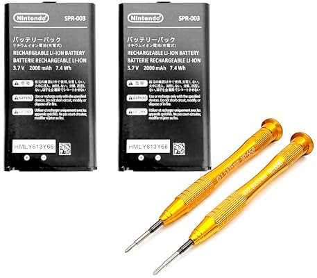 New3DSXL Wiederaufladbarer Li-Ionen-Akku, 2er-Set, 5 Stunden langer Ersatz, für neue 3DSXL 3DSLL, New3DS XL / LL Spielkonsole, große 2000 mAh Kapazität Lithium-Batterien SPR-003 + Metallwerkzeug
