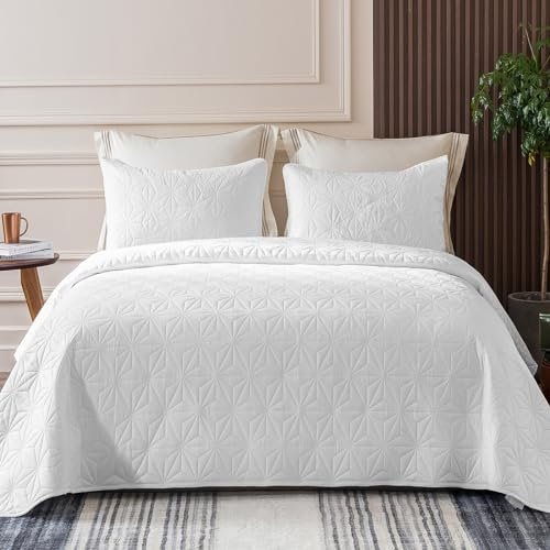 Whale Flotilla Tagesdecke Bettüberwurf 260x280 cm Bedspread mit 2 Kissenbezüge, Weiche und Leichte Steppdecke mit Geometrischem Muster für 4 Jahreszeiten, Weiß