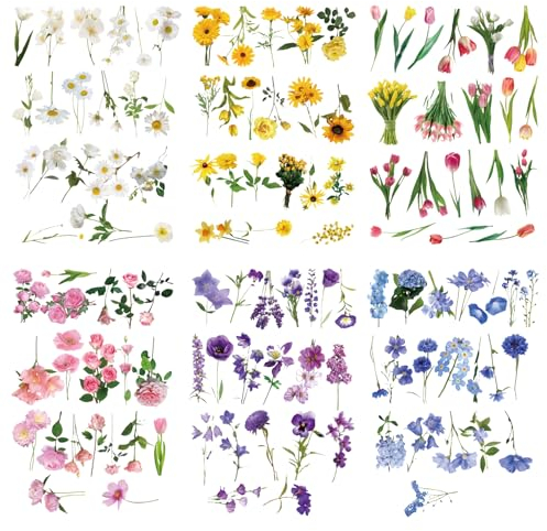 Calkrer 240 Transparente Scrapbooking Aufkleber, PET Blumen Aufkleber Pflanzen Sticker, Transparente Pflanzen Aufkleber, Vintage Bunte Blumenaufkleber.