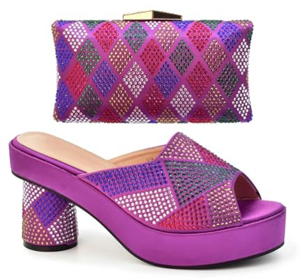 Set da donna completo di scarpe e borsa con strass, tacco quadrato, zeppa e pochette da sera, Viola, 38 EU