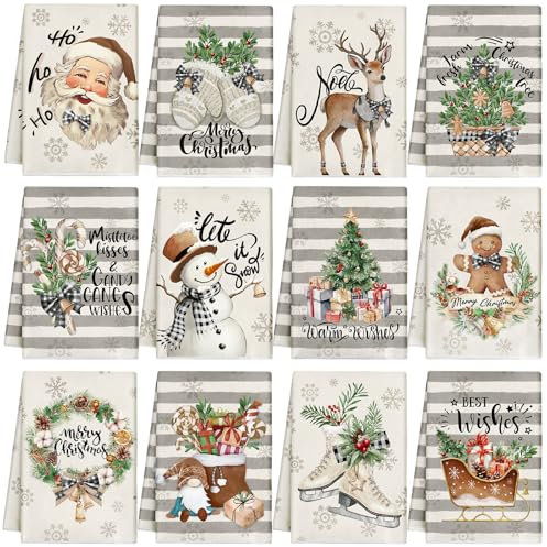 VitalCozy Weihnachtliche Küchentücher und Geschirrtücher, saugfähig, gestreift, Weihnachtsbaum, Rentier, Weihnachtsmann, Lebkuchen, Handtücher, Dekoration für Weihnachten, Zuhause, Geschenkzubehör, 36