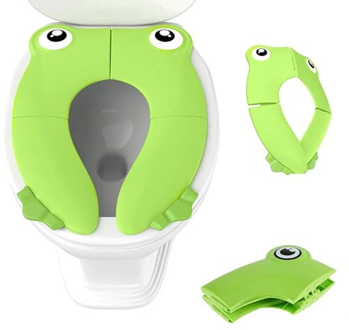 Foldable Potty Toilet Training Seat, Portable Potty Travel Toddler Toilet Seat Pads for Baby Kids with Non-Slip Silicone Pads, with Carry Bag, Green Frog