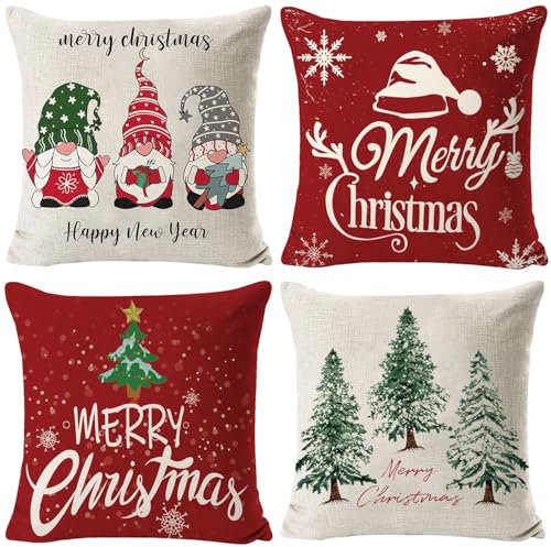 Sunshine smile Kissenbezug Weihnachten 45x45, 4 Stück Weihnachtskissen, Jaweihnachts Klein Kissenüberzug, Leinen Kissenhülle, Frohe Weihnachten Deko