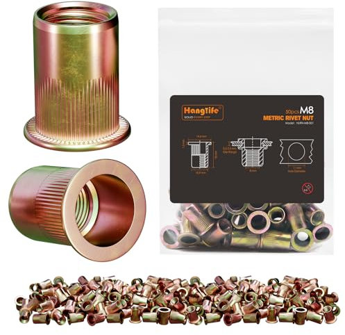 HANGLIFE Rivetti Filettati, M8 Metric Inserti Filettati (50 Pezzi) - Dadi per Rivetti a Testa Piatta, Zincati, in Acciaio al Carbonio con Corpo Zigrinato