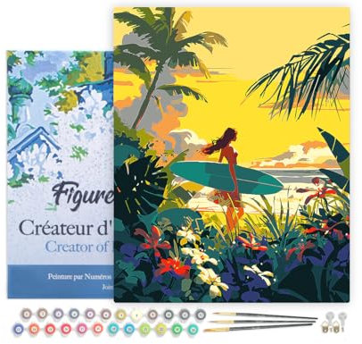 Figured'Art Peinture par Numéro Adulte avec Cadre Surfeuse au coucher du soleil - Activité Manuelle Kit de Loisir Créatif DIY Numéro d'Art Complet - 40x50cm toile tendue sur châssis