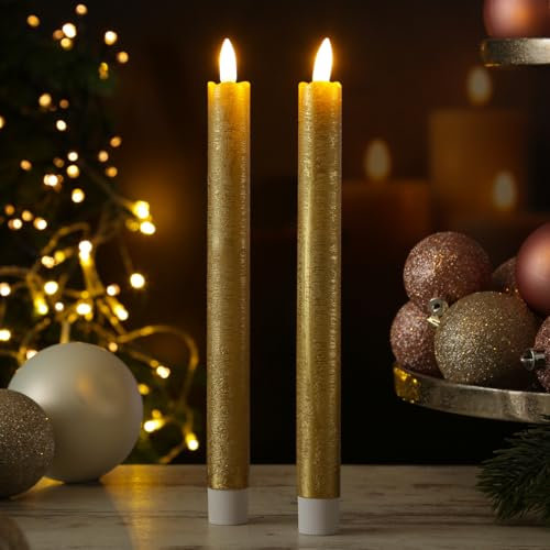 MARELIDA LED Stabkerzen Tafelkerzen Spitzkerzen Echtwachs Rustik Optik H: 25cm 2St (Gold)
