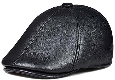 ASerZenith Wintermützen, Herren-Barettmütze aus Rindsleder, Schiebermütze, Newsboy-Mütze mit Ohrenschutz, Winter, verstellbare Größe 54–62 cm(Black-Large)