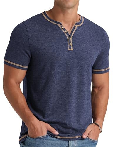 NITAGUT Men's Henley T-Shirts Short Sleeve Front Placket V-Neck Shirts Tops Summer Casual Fashion Tee Tops,NavyBlue,L