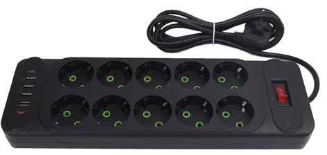 YWBL-WH Strip de Pulso Europeo Versátil con 10 Salidas de Aire Acondicionado 4 USB 2 Tipo -C Puertos de 2500W Interruptor de Sobrecarga para la Escuela TV TV ABS White 2m Cable (BLACK)