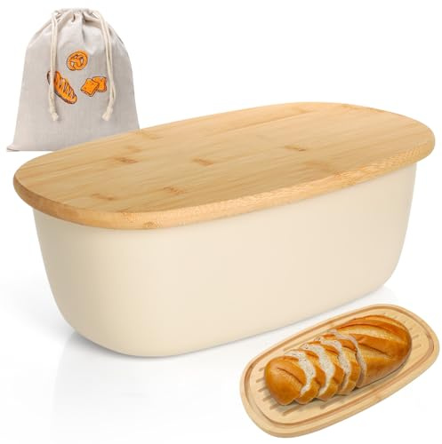 Cozary Portapane con Coperchio in Bambù, 6L Porta Pane da Cucina con Sacchetto per il Pane in Lino, 37x22,5x14 cm, Fondo Antiscivolo, una Aggiore Freschezza (Bianco)