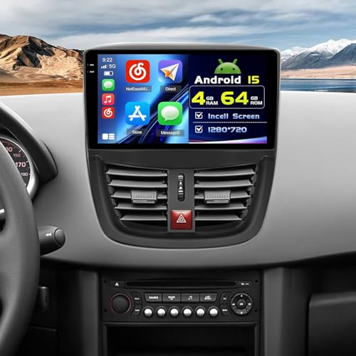 für Peugeot 207 2006-2015 4+64G Android Autoradio mit Bildschirm Wireless Carplay, Autoradio mit Navi 9 Zoll Incell Bildschirm Android Auto/FM/RDS/Rückfahrkam