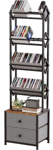 Epouseter CD Storage Rack with Drawers, 5-Tier Media Organizer DVD Storage Shelf, Large Capacity for CD/DVD, Books & Games, Ideal for Living Room & Home Office, 15.7×11.8×58.7Inches