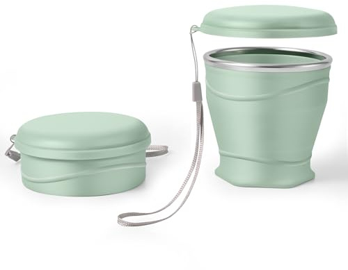 Bidponds 8.8oz/260ml Collapsible Silicone Cup with Lid,BPA-Free,304 Stainless Steel Rim,Portable Cup for Travel,Camping, Hiking,Outdoor Sports (Light Green)
