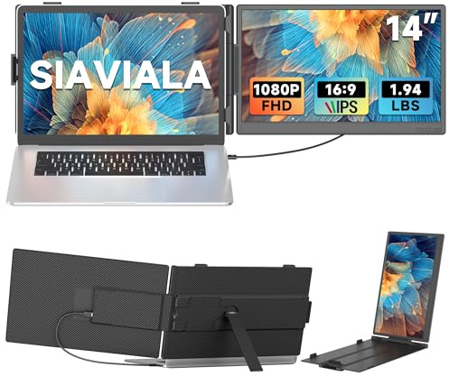 siaviala 14” Monitor Portatile, Schermo Portatile 1920x1080 FHD, Doppio Schermo Pc Portatile Per Laptops 13-17.3, Supporto USB-C/HDMI, Plug & Play per Windows/Mac/Android/Switch/PS5