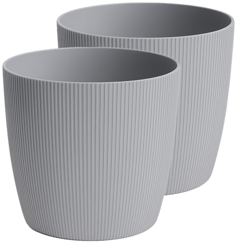 Home Garden Ornaments Modern Striped Plastic Plant Pots Indoor/Outdoor, 2 Pack, Grey, 15.5cm