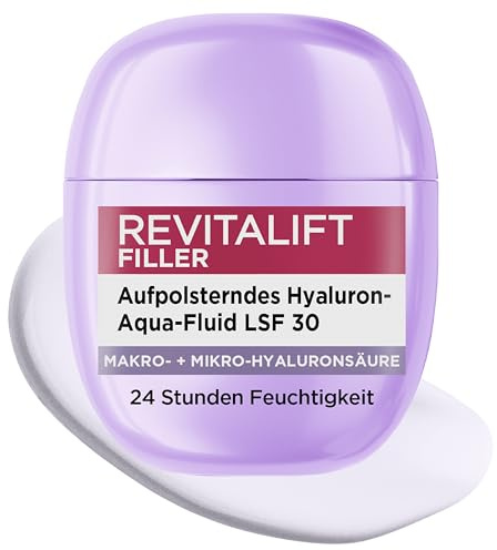 L'Oréal Paris Hyaluron Aqua-Fluid LSF 30, aufpolsternd, schützend und 24 Std. Feuchtigkeit, für strahlenden Teint, [mit Hyaluronsäure + Niacinamid], Anti-Aging Tagescreme, Revitalift Filler, 40 ml