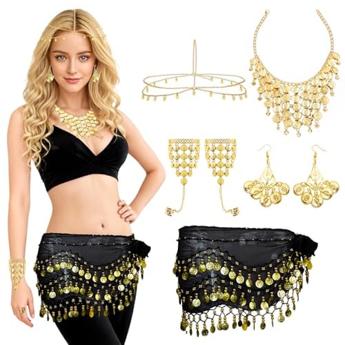 Baisdan 7 Sets Bauchtanz Kostüm Damen, Wahrsagerin Kostüm mit Bauchtanz Hüfttuch, Goldmünzen Ohrringe, Halskette, Armbänder, Kopfschmuck, Schmuckset für Halloween, Karneval
