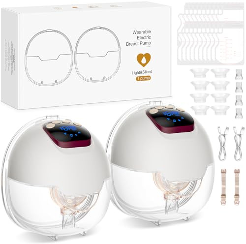 AMIPOW Sacaleches Eléctrico Manos Libres 4 Modos y 15 Niveles Sacaleches Electricos con Pantalla LED 180ml Extractor de Leche Materna con Bridas de 18/20/22/24 mm (2 Piezas)