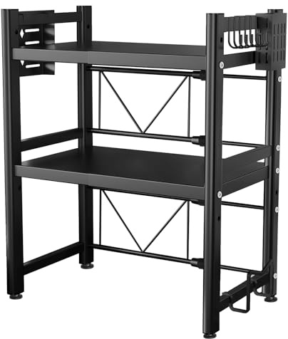 EOXCIIU 3-Tier Microwave Oven Stand, Extendable Kitchen Storage Rack | with Hooks, Knife Holder and Adjustable Feet, Steel Shelf for Air Fryer, 25kg Load