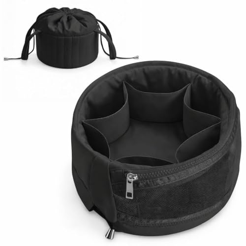 Vavabox Trousse de Maquillage à Cordon s’ouvrant à Plat, Grande Trousse de Toilette Voyage Femme, Sac matelassé gonflé à Fermeture éclair, Rangement Essentiels, idée Cadeau (Noir)