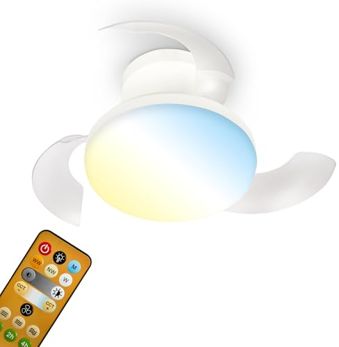 BRILONER - Ventilatore da soffitto con luce LED, telecomando, motore DC silenzioso con 3 velocità, CCT e luminosità regolabile, pale retrattili, lampadario ventilatore da soffitto, 44 cm, bianco