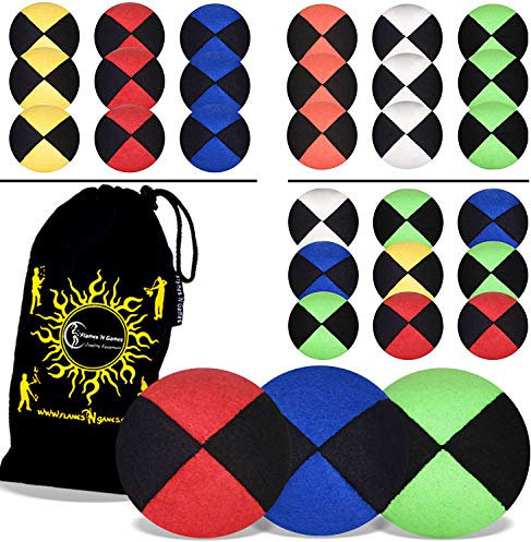 Flames 'N Games ® Thud Jonglierbälle 3er Set - Profi Beanbag Bälle aus Velours + Reisetasche! Komplett-Set Ideal Für Anfänger und Auch Für Profis! Schwarz-Weiß/Blau/Rot (Grun)