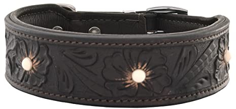 MICHUR Pablo Hundehalsband Leder, Braun, Verschiedene Größen | Lederhalsband Hund, Leder Halsband, Braun, Blumenmuster, Weißer Stein