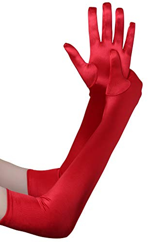 BABEYOND Damen Satin Classic Opera Fest Party Audrey Hepburn Handschuhe 1920er Stil Elastisch Erwachsene Größe Ellenbogen bis Handgelenk Länge 52/55cm (Lang Glatt 52cm / Rot)