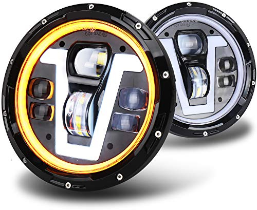 MOVOTOR TÜV-geprüfter 17,8 cm LED-Scheinwerfer mit bernsteinfarbenem Blinker, V-Typ, weiß, DRL, Hi Lo-Strahl, kompatibel mit Defender 90 110 Jeep Wrangler JK TJ CJ Hummer H1 H2