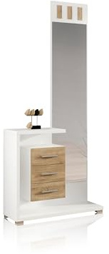 HomeSouth Recibidor con Espejo y Tres cajones, Mueble de Entrada Prisma, Acabado en Blanco y Cambria, Medidas: 85 cm Largo x 27.9 cm Fondo x 185 cm Alto