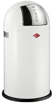 Wesco Pushboy Mülleimer in der Farbe weiß, pulverbeschichtetes Stahlblech, 50 Liter Volumen, große Edelstahlklappe, herausnehmbarer Innenbehälter