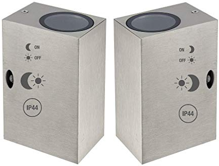 Trango 2er Set Außen IP44 Alu Up & Down Light 8014-SSS2 Wandstrahler Eckig Edelstahl-Look mit Dämmerungssensor (Tag & Nacht Schalter) Wandlampe, Außenlampe für je 2x GU10 LED (ohne Leuchtmittel)