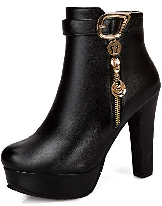 JIEEME Moda donna cerniera tacco a blocco alto tacco rotondo piattaforma camminare facile comodo gambo corto stivali per le donne z39921, Nero , 43 EU