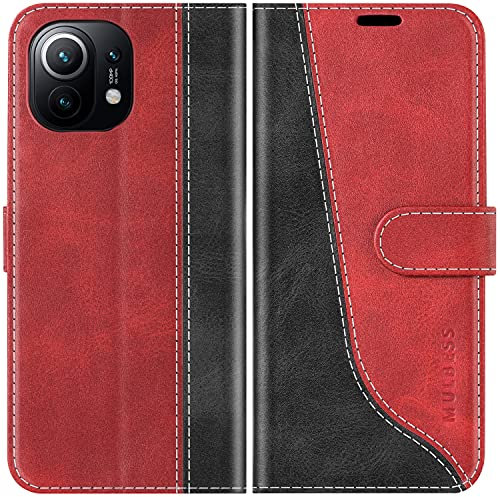 Mulbess für Xiaomi Mi 11 5G Hülle, Handyülle Leder mit Kartenfach, Klapphülle mit Magnetverschluss, Flip Case Etui Handytasche Schutzhülle, Stilvoll Wein Rot