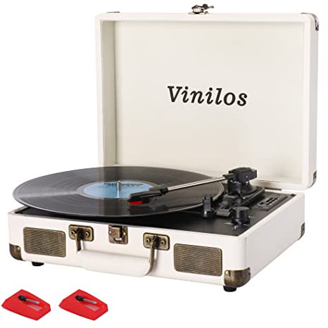 Tourne-disque vinyle avec Bluetooth et haut-parleurs intégrés, platine portable à 3 vitesses, design rétro, valise, enregistrement USB, avec stylet supplémentaire, idéal pour les débutants (blanc