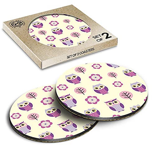 2 x Eco Boxed Cork Coasters - Purple Pink Owl Pattern Forest Drink Cup Mug Glass Table Mat #46227