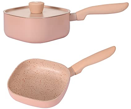 KUCOCOSNEH Sartén antiadherente Pan de leche Olla de sopa Olla de cocina pequeña Cacerola casera Revestimiento de granito Aleación de aluminio con tapa 1 Unidades rosa