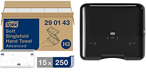 Tork weiche Zickzack Papierhandtücher Advanced 290143 - H3 Falthandtücher, 2-lagig, weiß & 553108 Mini Spender für H3 Zickzack und Lagenfalz Handtücher im Elevation Design/Papiertuchspender in Schwarz