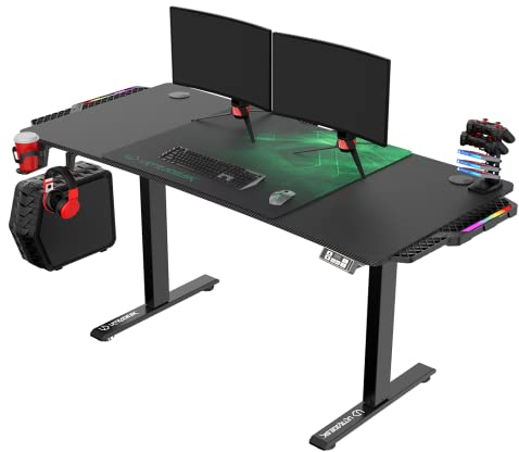 ULTRADESK - Level V2 Höhenverstellbarer Schreibtisch - Elektrischer Computertisch - 140x68 cm, für Gaming, Büro, Homeoffice - Set mit XL-Mauspad, LED RGB - Grün Led