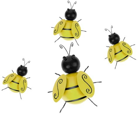 KOLAKO Metal Bees Wall Art, 4PCS Metal Bumble Bee Garden Decorations, 3D Bee Garden Ornaments Outdoor Wall Hanging Bumblebee for Fence, Yard, Lawn