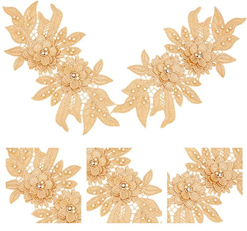 nbeads 1 Paar 3D Spitzenapplikationen Aufnäher, Goldrute Aufnäher Stickerei Spitze Blumen Patches Blumenmotiv Perlen Strass Spitzenbesatz Stoff Perlenapplikationen Zum Nähen Hochzeit Braut Kleid