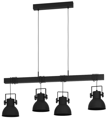 EGLO Pendelleuchte Esstisch Shirebrook, 4-flammige Hängelampe für Wohnzimmer und Esszimmer, FSC100PA, Industrial Esszimmerlampe aus Metall und Holz in schwarz, E27 Fassung