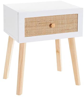 LOLAhome Mesita de Noche de 1 cajón de Rejilla Blanca de Madera y Rattan de 40x30x50 cm