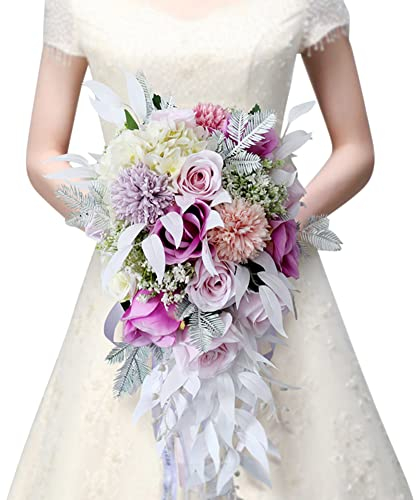ISAKEN Kaskadierender Brautstrauß Wasserfall Künstliche Seidenblumenstrauß Hochzeitsstrauß Braut Blumenstrauß Rosenblumen mit Band, für Hochzeit, Zeremonie, Jahrestag, Weiß Lila