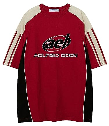Aelfric Eden Herren Sommer Fußball Shirt Damen Oversized Rundhals Kurzarm Vintage Raglan Jersey Basic Tshirt mit Stripes Casual Oberteile Streetwear Rot, M