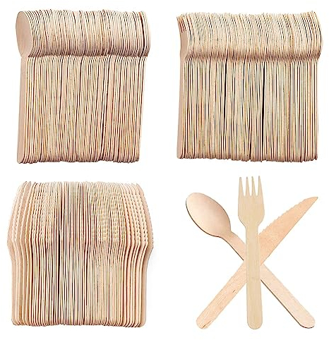 Couverts en Bois, 300pcs Couverts Bois (100 Couteaux en Bois,100 Fourchettes en Bois,100 Cuillères en Bois),Couvert Bois Biodégradables pour Fêtes,Camping,Mariages,Barbecues,Anniversaires