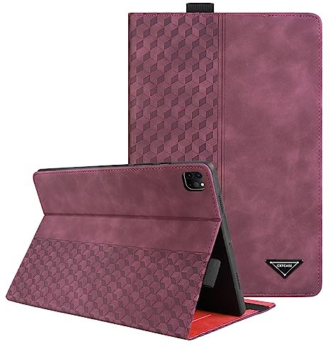 CXTCASE Custodia per iPad Pro 12.9 2022/2021/2020/2018, Intelligente Tablet PU Cover iPad Pro 12,9 (6. 5. 4. und 3. Generation) Tablet Custodia, Vino Rosso