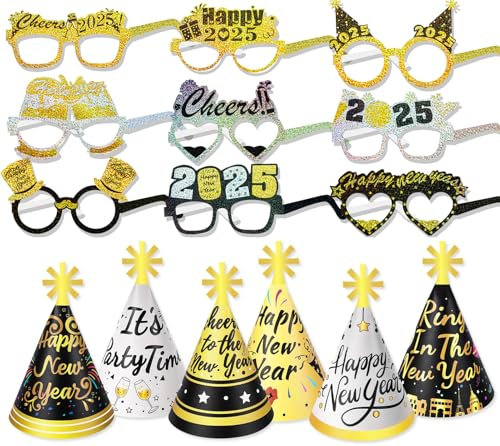 DPKOW Silvester Deko 2026 Schwarz Gold Silber Silvester Accessories Silvester Partyhüte Papier Kegel Hüte Silvester Brille 2026 Brille für Happy New Year Deko Silvester Party 2026, 30 Stück