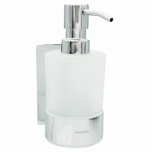 Dolvhin® Dispenser Sapone a Parete Senza Forare | Dosatore Liquido in Vetro Satinato | Dispenser Inox con Supporto | Dispenser di Sapone Adesivo da Muro | Dosatore Detersivo 250ml | Cromo Lucido