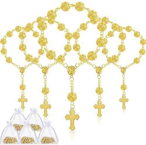 Sasylvia 30 Stück Taufgeschenke Mini Rosenkranz Teller Taufe Rosenkranz Perlen mit Kreuz und 30 Stück Organza-Beutel für Erstkommunion Taufe Hochzeit Party Gastgeschenke (Gold)